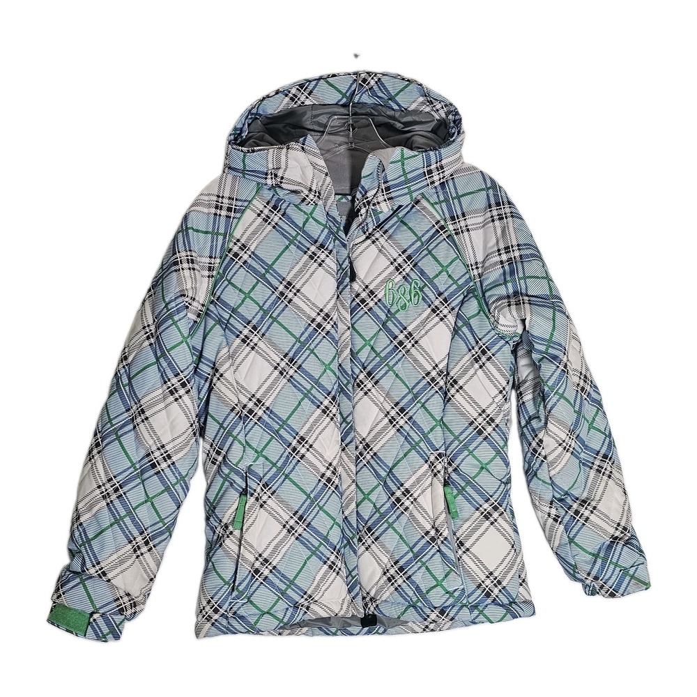 686 Mannual Insulated Snowboard Jacket Girls Large Blue Plaid Ski Winter Sports